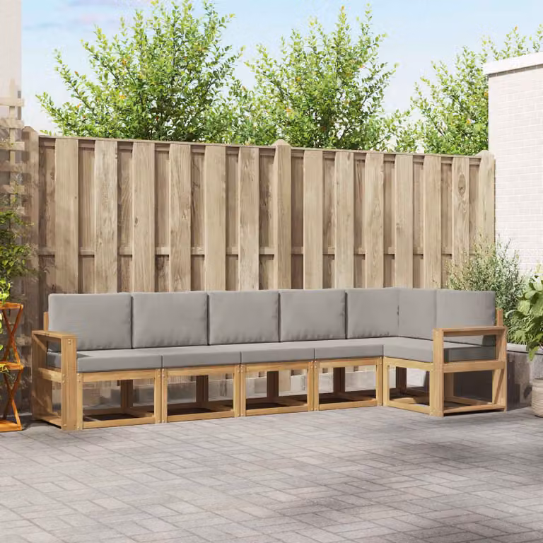 vidaXL Set di divani da esterno 6 pz in legno di acacia con cuscini, Bianco, Grigio e Marrone