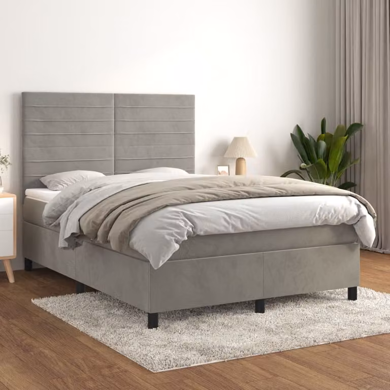 vidaXL Letto Ibrido con Giroletto a Molle e Materasso in Velluto Grigio Chiaro e Bianco, L/P/H: 140 x 190 cm