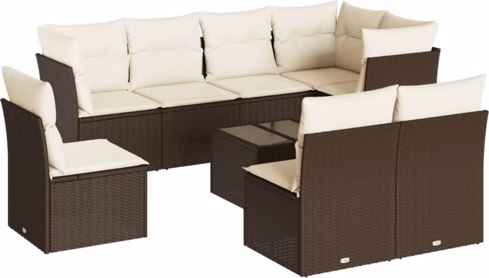Set Divani da Giardino 9pz con Cuscini Marrone in Polyrattan
