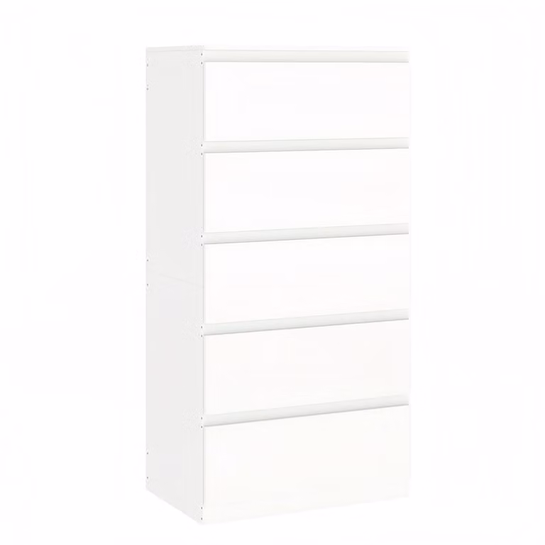 Comodino con 5 cassetti, design sottile, colore bianco, realizzato in MDF, dimensioni 60 x 40 x 120,5 cm