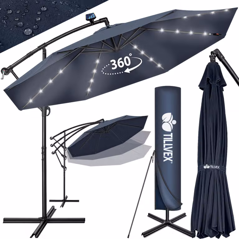 tillvex ombrellone a sbalzo in alluminio blu navy LED solare Ø 350 cm con manovella | ombrellone con interruttore on/off | ombrellone da giardino protezione UV alluminio | ombrellone a manovella con supporto ombrellone da mercato impermeabile
