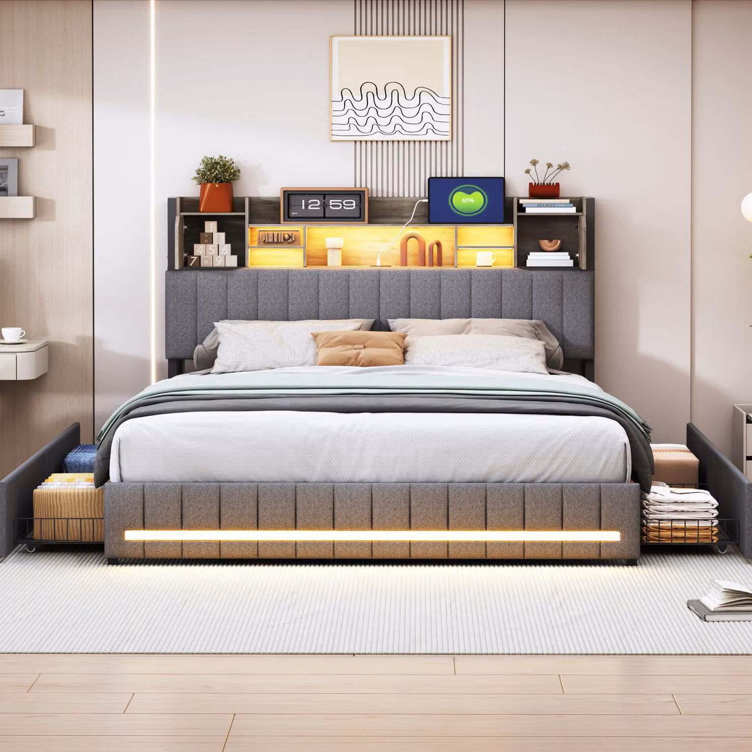 UnboxG Letto imbottito 140x200 con USB, letto contenitore con 4 cassetti, letto giovanile letto matrimoniale con rete a doghe e LED/tipo C, letto in legno letto funzionale, biancheria, grigio
