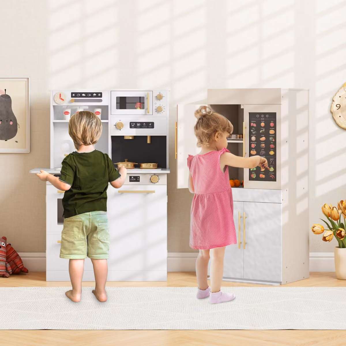 Set da cucina giocattolo Costway con frigorifero, macchina da caffè e microonde, colore bianco
