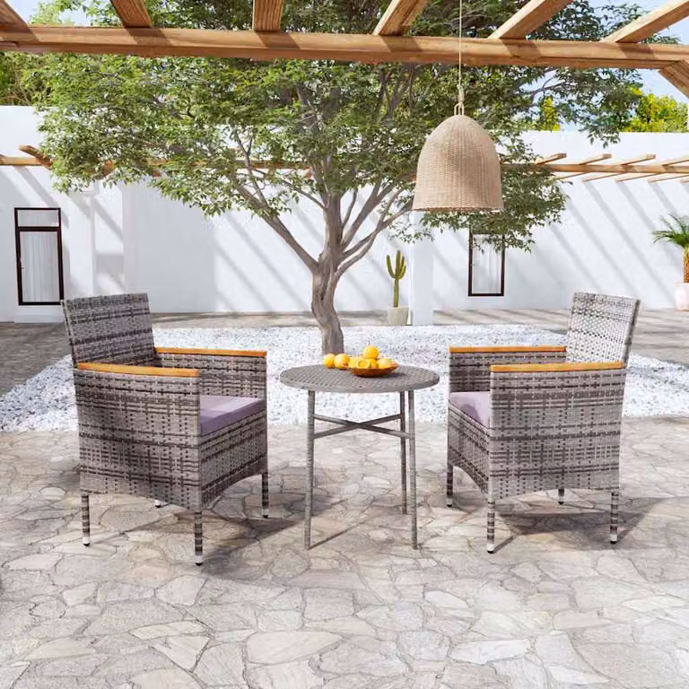 Set di mobili da giardino vidaXL in 3 pezzi in polyrattan grigio e legno di acacia
