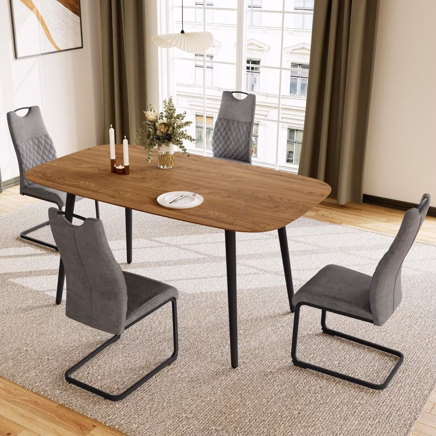 Tavolo da pranzo con 4 sedie, dimensioni 120 cm, impiallacciato in noce, struttura in MDF e metallo, colore grigio