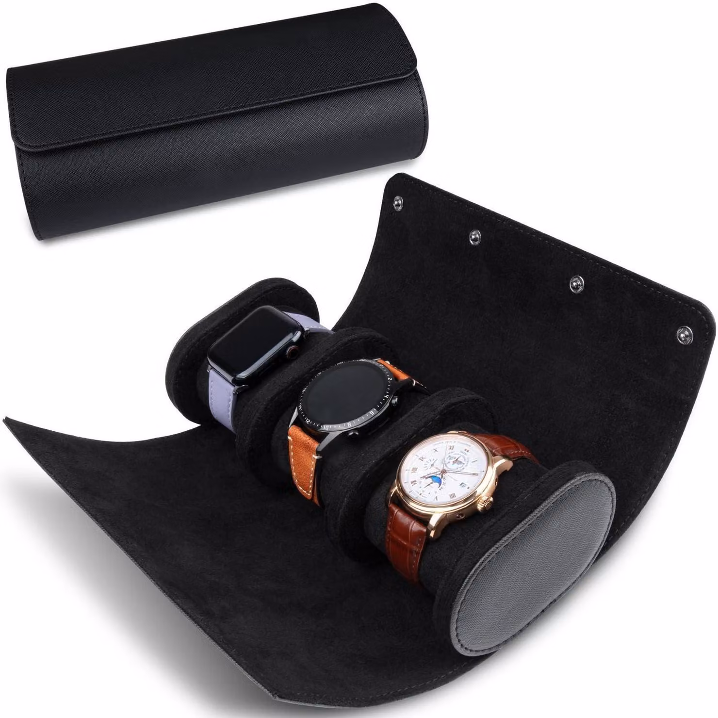 Custodia cilindrica per orologi, nera, con spazio per 3 orologi, dotata di 3 scomparti
