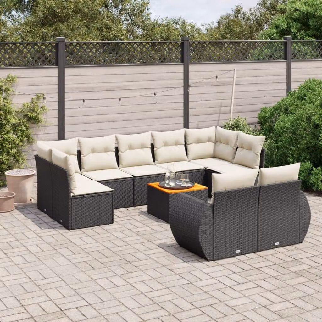 vidaXL Set Divani da Giardino 10pz a Forma a U in Polyrattan Nero con Cuscini e Tavolino da Esterno – 1