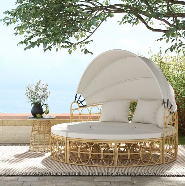 Set da giardino in rattan 4 pezzi con divano 2 posti; tettuccio pieghevole e tavolino; bianco crema