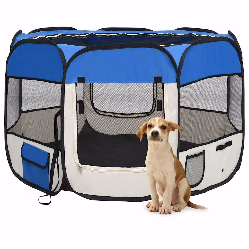 vidaXL Box per Cani Pieghevole con Borsa per il Trasporto, Blu e Beige, L 90 cm x P 90 cm x H 58 cm