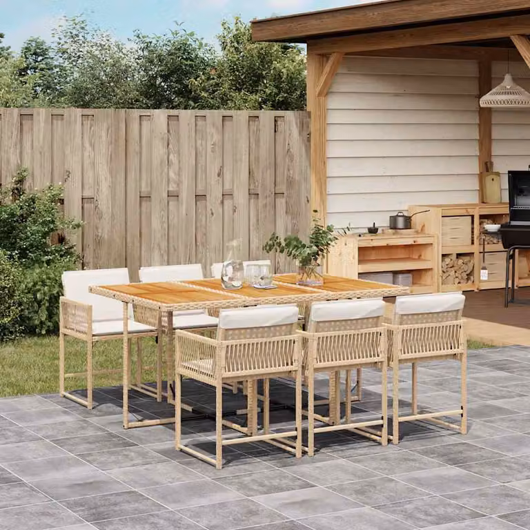 Set da pranzo da giardino vidaXL in polyrattan con cuscini beige e tavolo in legno di acacia, 7 pezzi