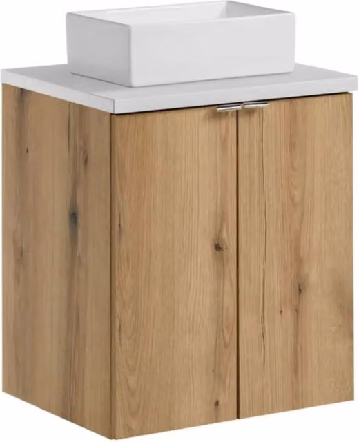 Set VANO effetto rovere e bianco 50cm: mobili sottolavello con armadietti + piano per lavabo + lavabi rettangolari da appoggio
