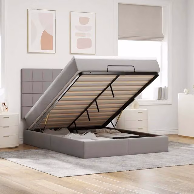 Letto con contenitore a sollevamento e pouf vidaXL in tessuto con illuminazione sottostante e porta USB, L/P/H: 200 x 140 x 280 cm – 1