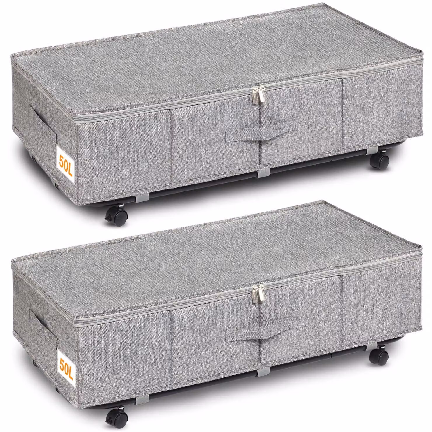 Contenitore portaoggetti da mettere sotto il letto, capacità 50 litri, confezione da 2 pezzi, con ruote, supporto metallico per il fondo, chiusura a zip, ideale per riporre vestiti