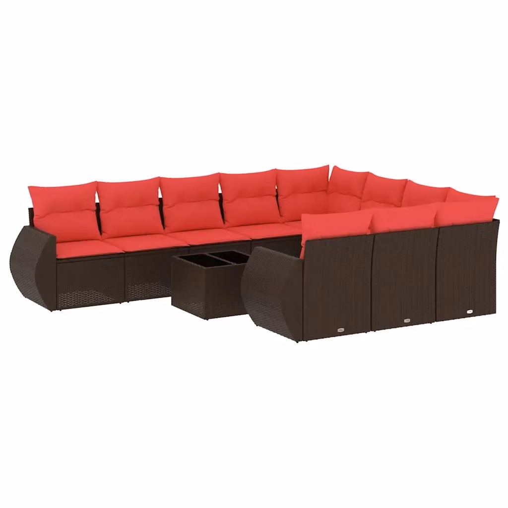 Set di divani da giardino vidaXL a forma di U composto da 11 pezzi con cuscini e tavolino da esterno marrone e rosso in rattan e metallo – 2