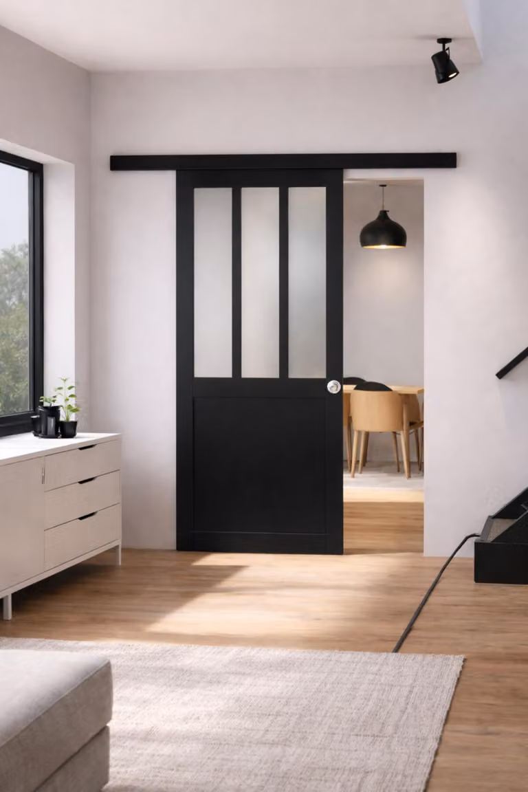 Porta scorrevole da officina nera con vetro depoli H204 x L83 cm, binario in alluminio con banda nera, conchiglie GD MENUISERIES