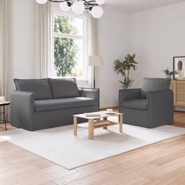 Set di 2 divani moderni vidaXL in tessuto grigio con struttura in metallo e coperture rimovibili – 1