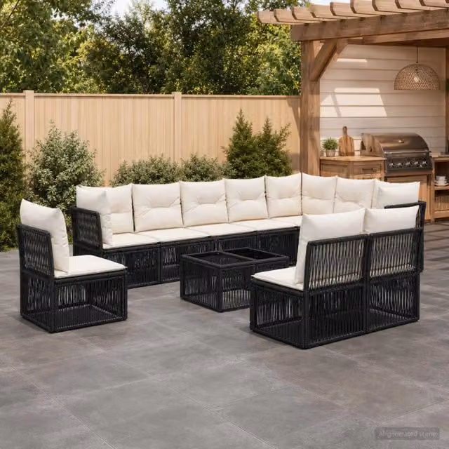 Set Divano da Giardino a U vidaXL in Polyrattan Nero con Cuscini e Tavolino da Esterno