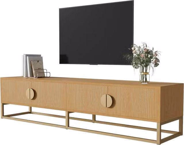 Mobile TV 180 cm con venatura del legno, moderno mobile da sala da pranzo, 4 ante, maniglie semicircolari