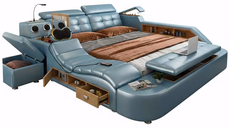 Letto multifunzionale, stile moderno, colore blu, struttura in legno, comodo
