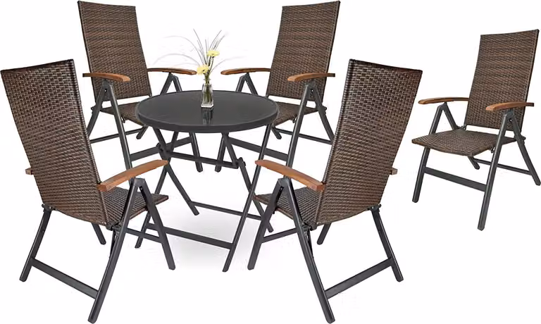 Gruppo da giardino Brubaker Modena - 1 tavolo pieghevole in vetro rotondo 70 cm Ø con 5 sedie in polyrattan - resistente alle intemperie - marrone/antracite