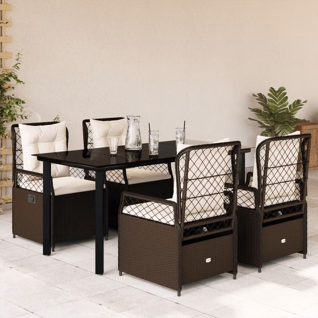 Set da Pranzo da Giardino 5pz vidaXL in Polyrattan Marrone con Piano in Vetro – 1