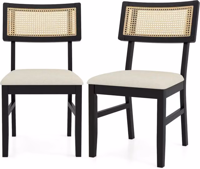 Set di 2 Sedie da Pranzo COSTWAY in Rattan e Legno con Rivestimento in Tessuto Nero e Schienale Curvo