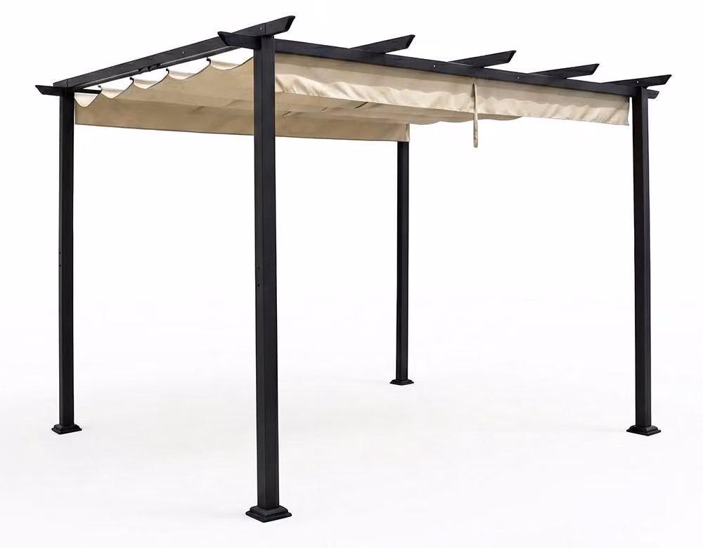 Pergola di 3x4 metri, realizzata in alluminio verniciato a polvere nero, con tetto scorrevole in poliestere color crema, robusta e regolabile, ideale per giardino o terrazza – Eolo