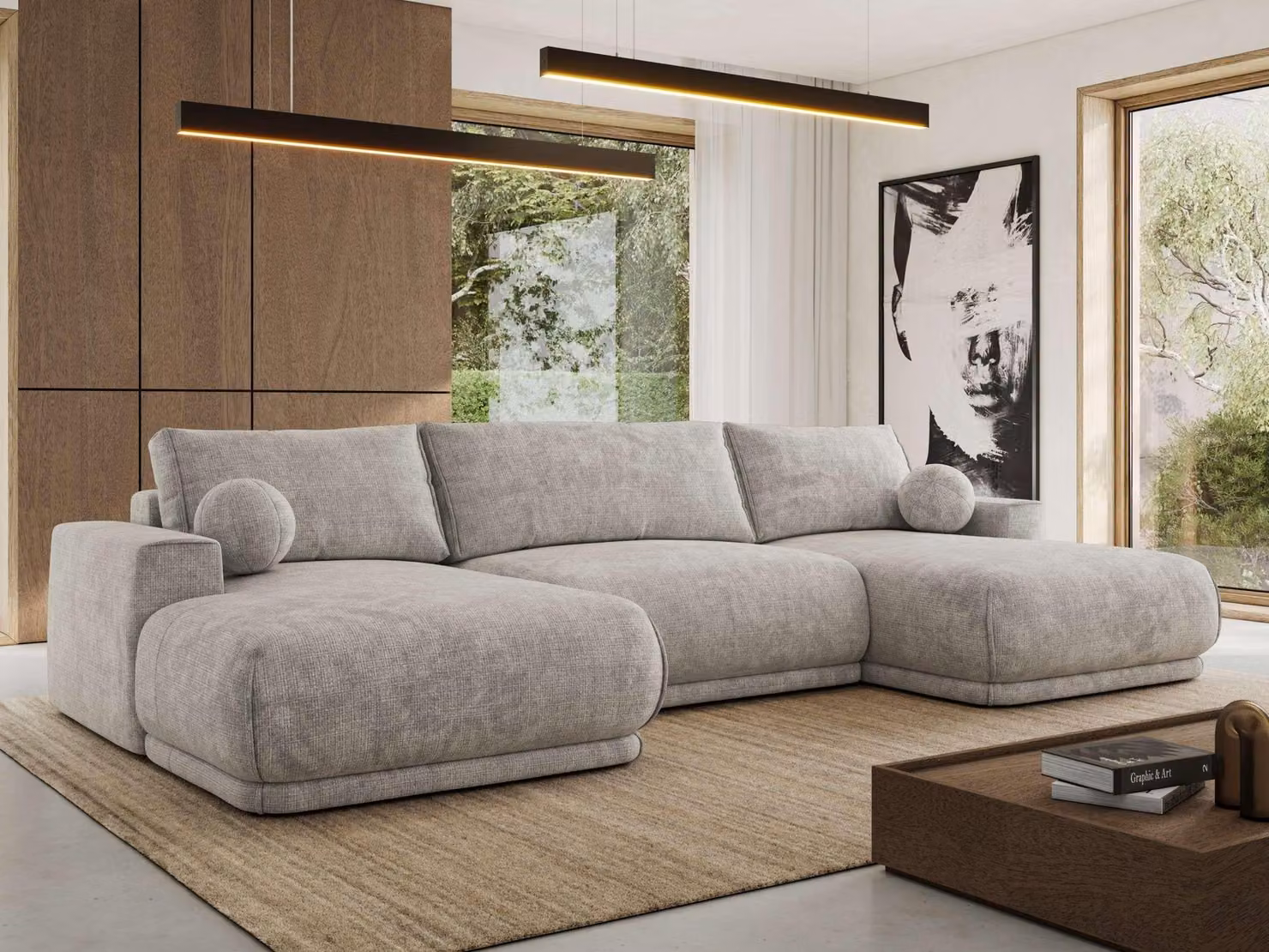MKS MEBLE Divano ad angolo XXL RINA, divano componibile a forma di U con funzione letto e molle ondulate, funzione letto a scomparsa - Grigio chiaro, ciniglia a trama larga