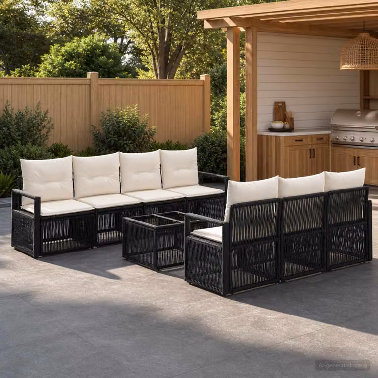 Set Divano da Giardino vidaXL 8 pz in Polyrattan e Metallo Nero con Tavolo in Vetro