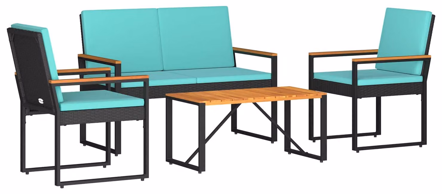 Set Mobili da Esterno 4 pcs Nero e Turchese polyrattan