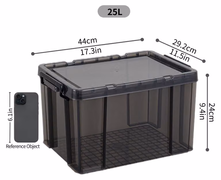 Cetomo 25L*3 Contenitori per lo stoccaggio per impieghi gravosi, contenitori in plastica impilabili con coperchi, contenitori robusti con angoli rinforzati e chiusure a scatto, resistenti, stabili, trasparenti neri, set da 3 da 25 litri