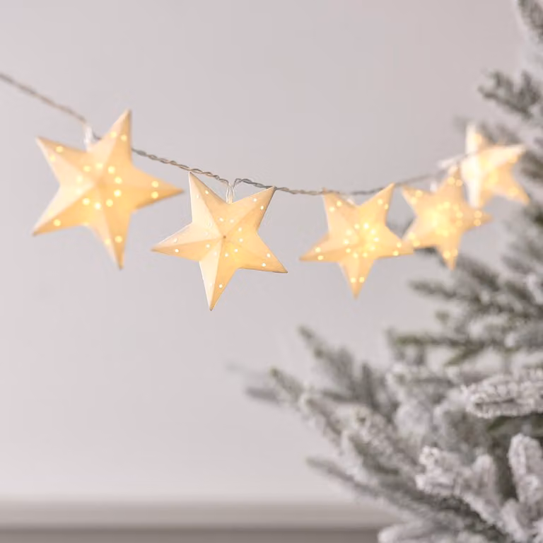Catena luminosa di carta con 10 LED bianco caldo, timer, lunghezza 1,8 metri, a forma di stelle