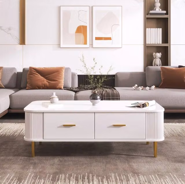 Tavolino basso 105x51x38 cm bianco in MDF, 4 cassetti con maniglie dorate