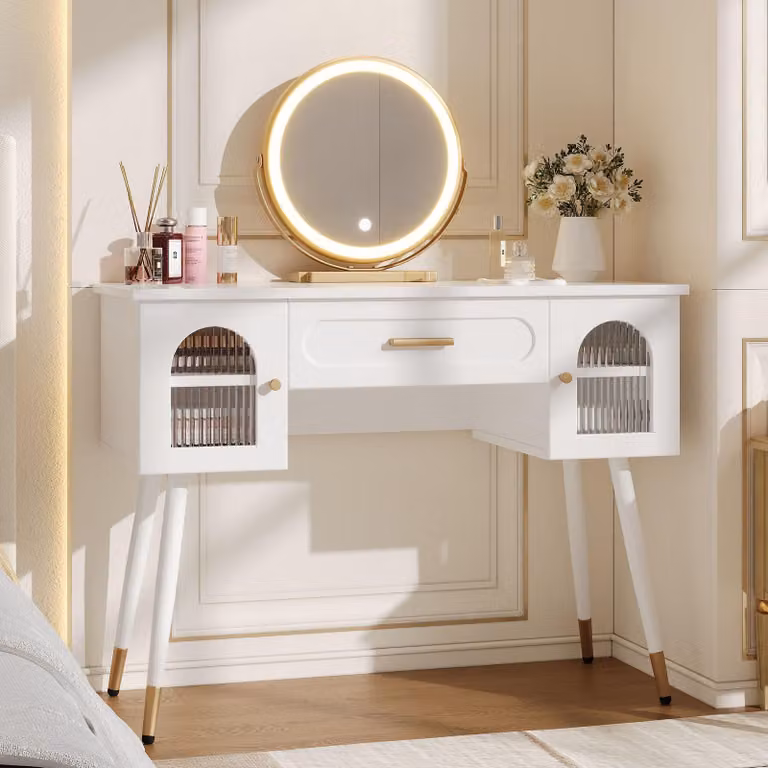 Comò da trucco bianco con specchio a LED, mobile da trucco con cassetti e pensile laterale, stile moderno, comò da trucco bianco