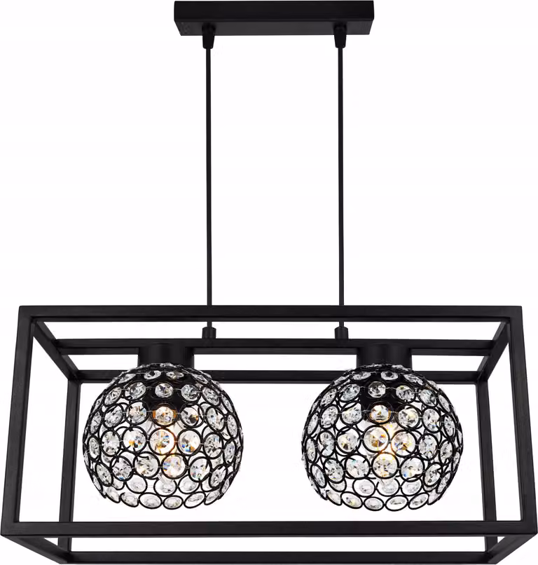 Lampada a sospensione Crystal Cage - Lampada da soffitto per soggiorno, camera da letto e sala da pranzo - Lampada a sospensione in metallo e vetro - E27 - Nero - 2 lampadine
