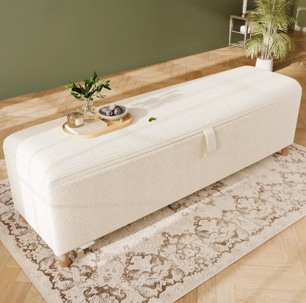 Panca contenitore MODFU in tessuto beige con struttura in legno e MDF – 2