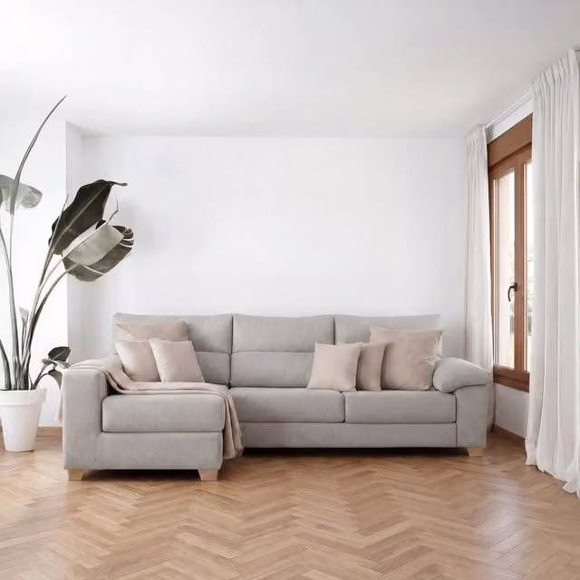 Divano chaise longue Shambala Banak a 4 posti con contenitore, lato sinistro, colore perla, design moderno con coperture rimovibili e cuscini inclusi