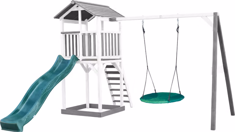 AXI Beach Tower parco giochi in legno in grigio e bianco | Torre di gioco per bambini con sabbiera, altalena a nido e scivolo verde | Casa per bambini su palafitte per il giardino