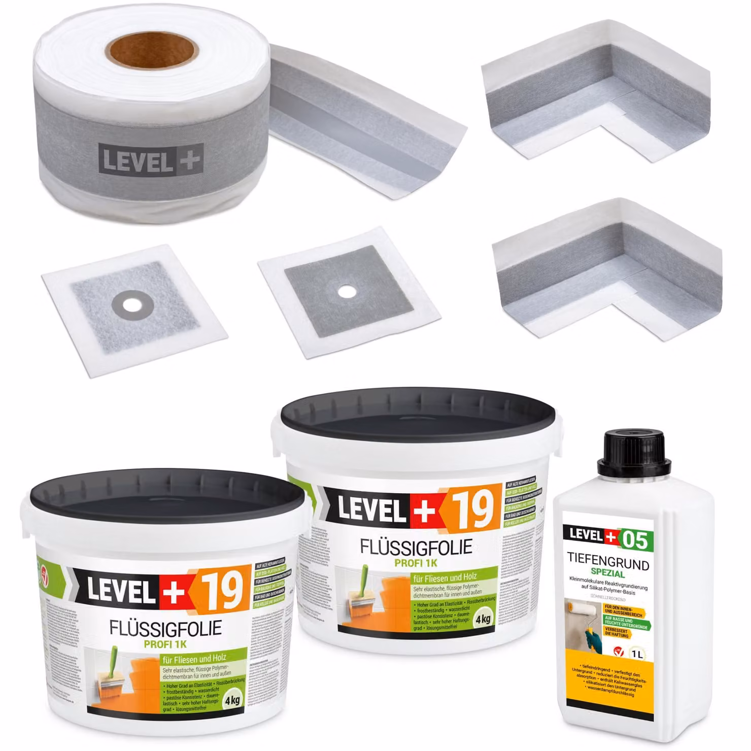 Kit per l'impermeabilizzazione: membrana liquida 8 kg, nastro 5 metri, primer 1 litro. Adatto per giunti, angoli, balconi e bagni. Modello: LEVEL+ SET508
