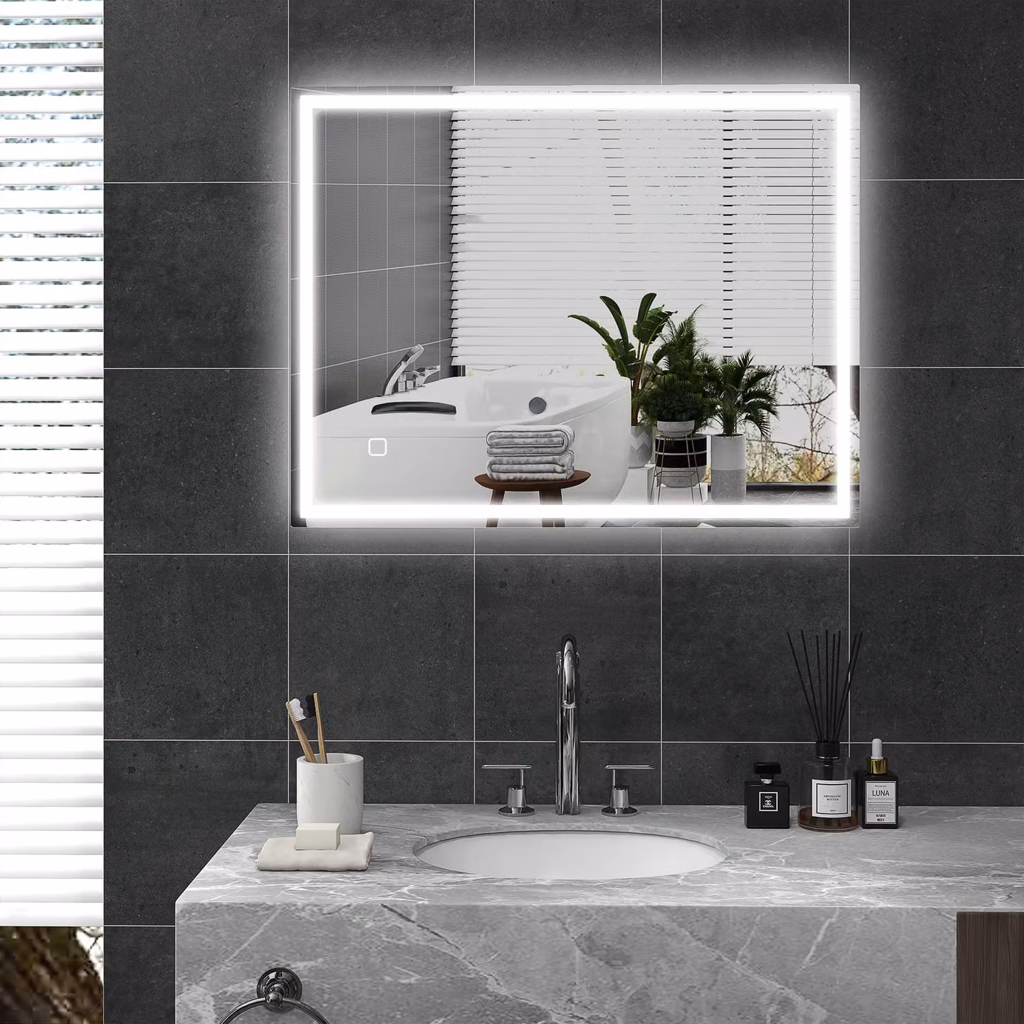 Specchio da bagno illuminato HOMCOM con LED, funzione memoria e 3 temperature colore, Argento, L: 90 cm, H: 70 cm – 2