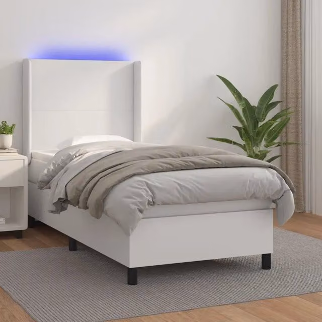 Letto con Giroletto a Molle, Materasso Ibrido e Illuminazione LED vidaXL, Similpelle Bianco, L/P: 90 x 200 cm – 1