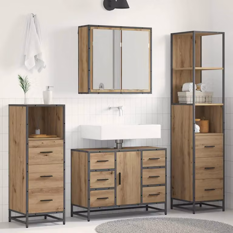 Set di mobili per il bagno moderno vidaXL in 3 pezzi, Rovere e Nero, con armadietto specchio, mobile lavabo e mobiletto laterale
