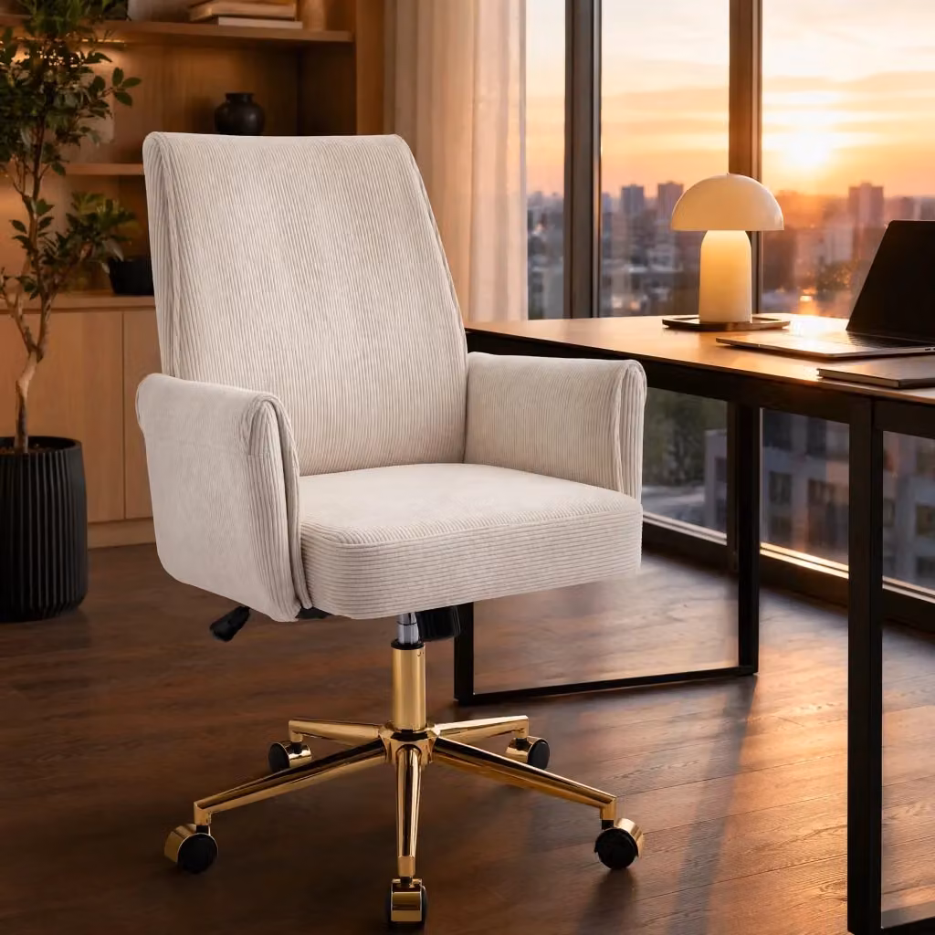Sedia ergonomica REDOM in velluto a coste bianco con braccioli e base in metallo dorata per home office – 2