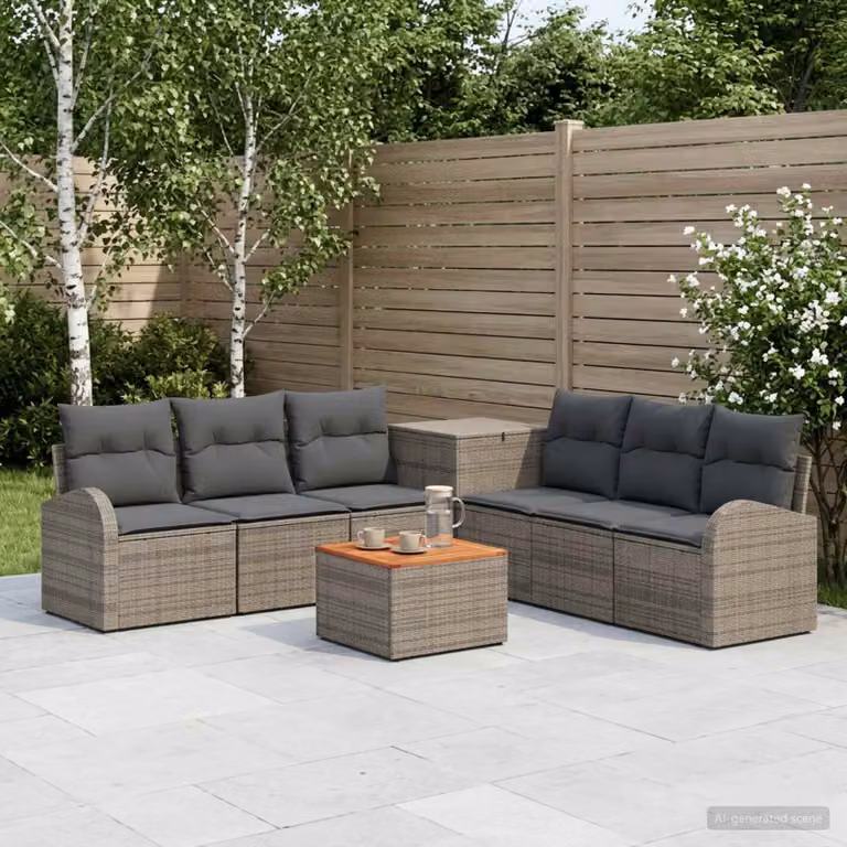 Set di divani da giardino vidaXL a forma di L in polyrattan con tavolino da esterno e cuscini, Grigio e Antracite