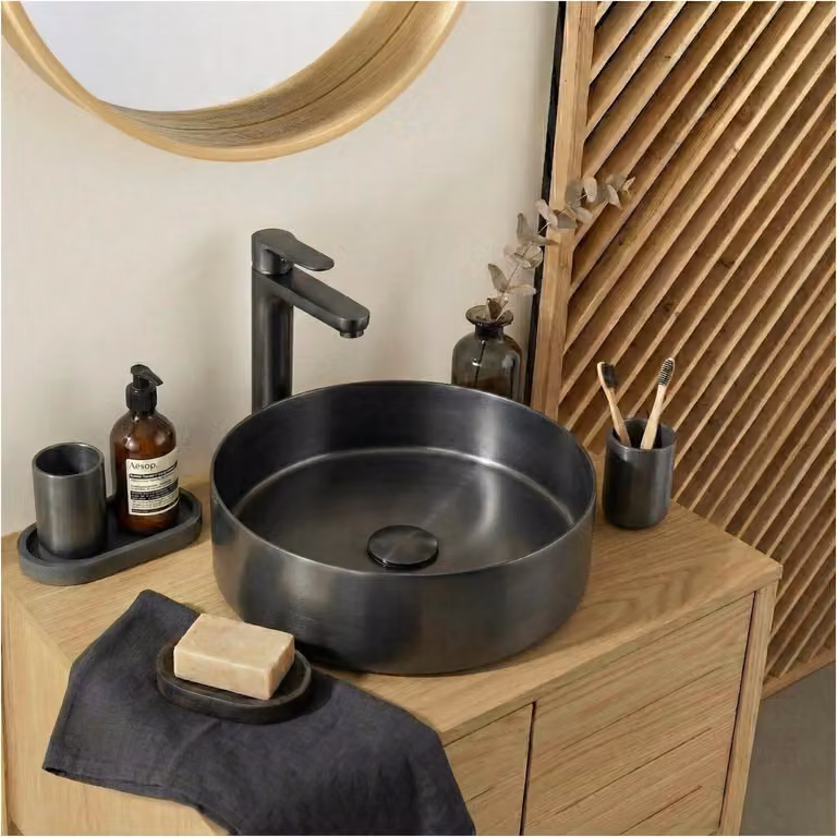 Lavabo da appoggio rotondo in acciaio inox nero, 36 cm, con piletta di scarico abbinata