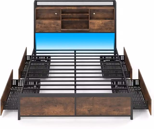 Struttura letto moderna con contenitore, 4 cassetti, illuminazione LED e stazione di ricarica USB, piattaforma in metallo marrone, L: 220 cm, P: 163,5 cm, H: 113 cm