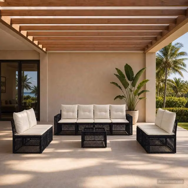 Set Divano da Giardino Moderno vidaXL in Polyrattan con Cuscini Nero e Bianco Crema, 9 Pezzi