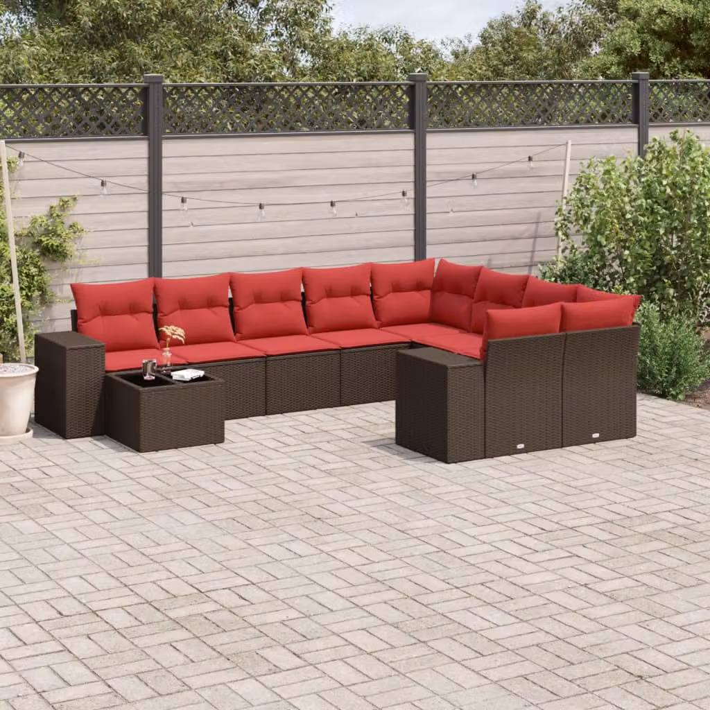 Set di divani da giardino vidaXL composto da 10 pezzi con cuscini in polyrattan colore marrone per esterno e terrazza