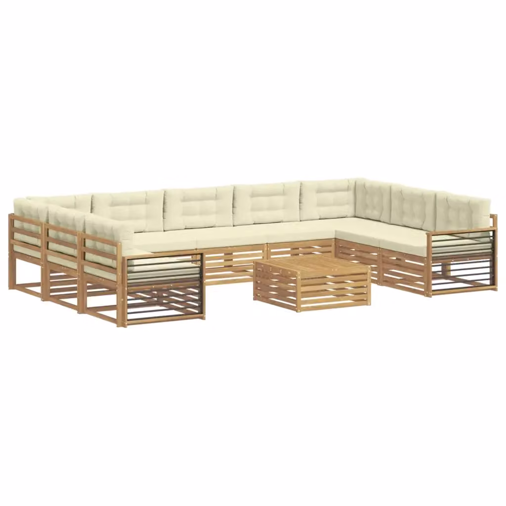 Set di divani da esterno a L con tavolino vidaXL in legno di acacia, Bianco e Beige – 2