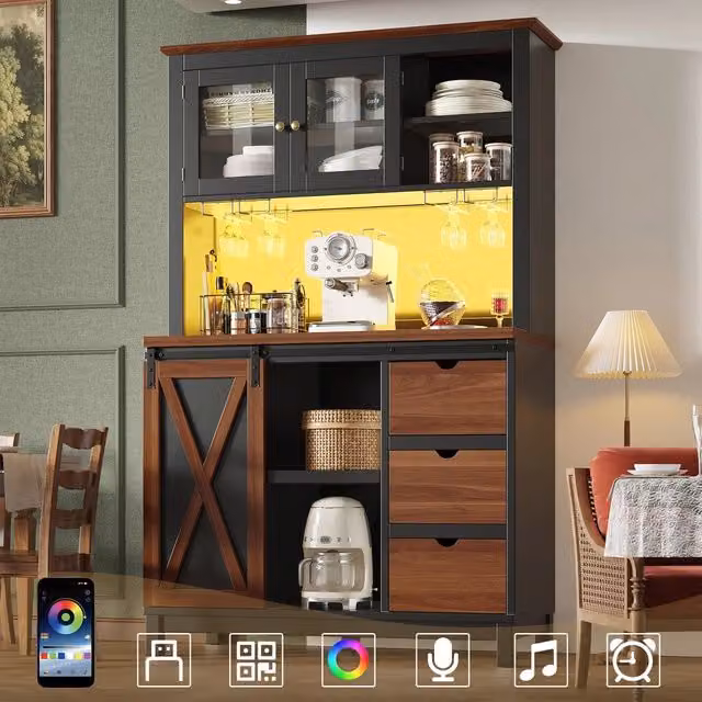 Credenza con LED e Cassetti ¨C Xylo ¨C Nero, Ante Scorrevoli
